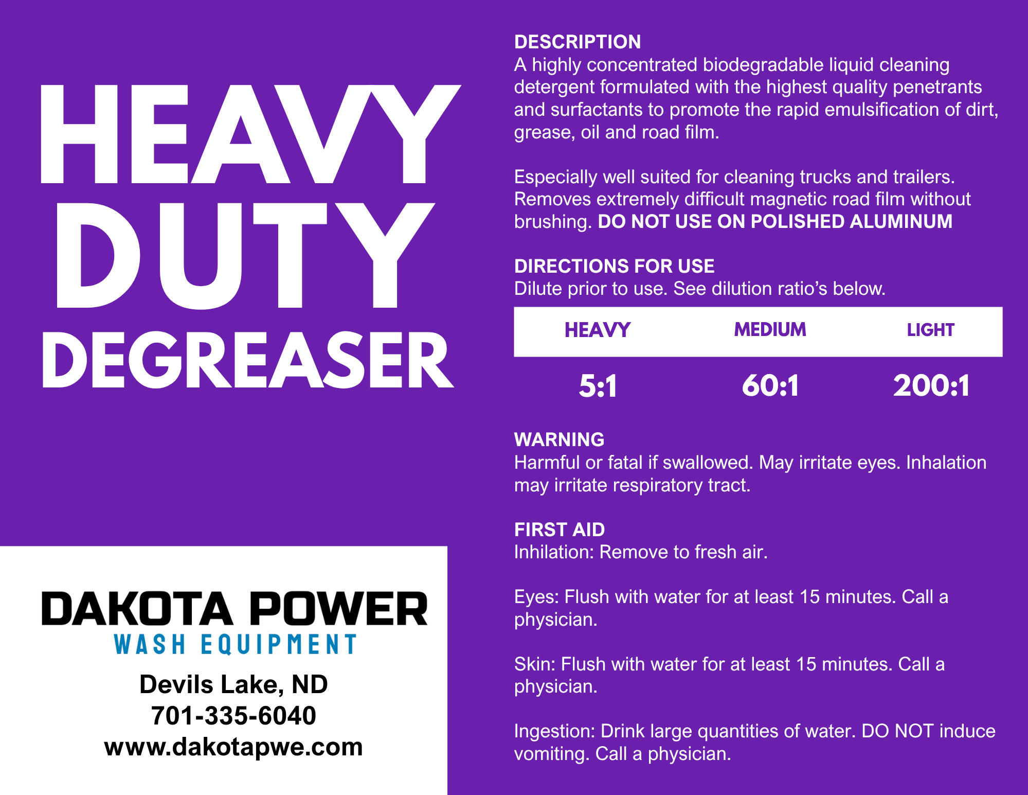 Dakota Power Wash Equipment Heavy Duty Degreaser label