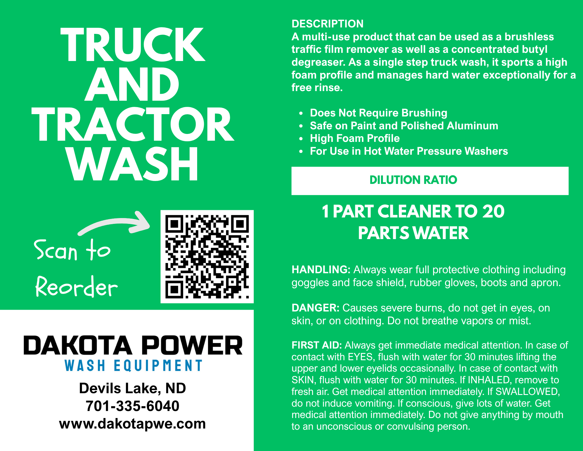 Dakota Power Wash Equipment Truck and Tractor Wash label