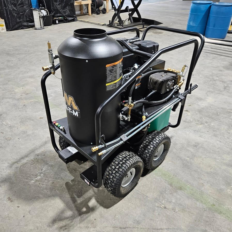 Rugged frame large tires Mi-T-M pressure washer